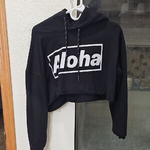 Black Cropped Hoodie with 'Aloha' Print